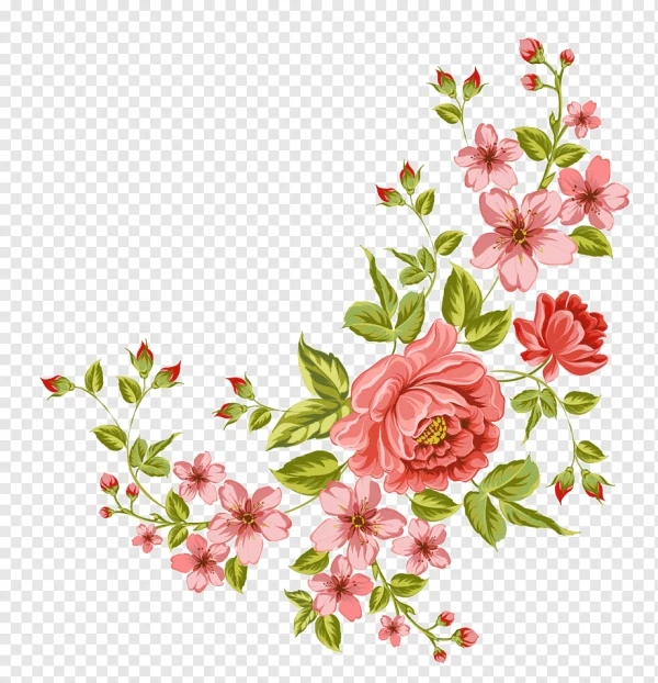 Cành Hoa hồng thêu tay trang trí góc - PNG