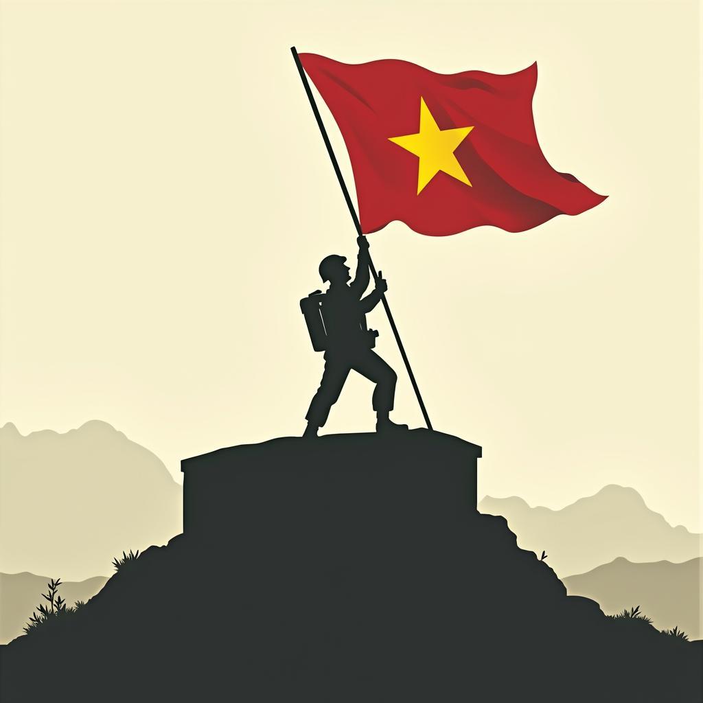 Hình ảnh vector biểu tượng chiến thắng Điện Biên Phủ, người lính kéo cờ trên nóc hầm, cho thiết kế kỷ niệm.