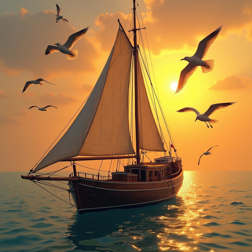Cánh buồm gỗ cổ điển với hải âu bay lượn, mang đến cảm giác hoài cổ và lãng mạn