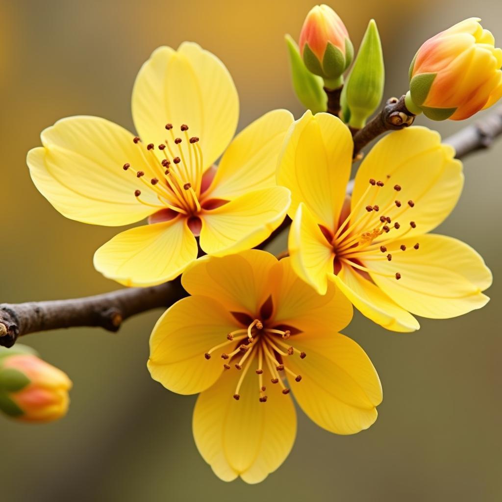 Cành mai vàng vector đẹp nhất với hoa nở rộ và nụ xanh tươi