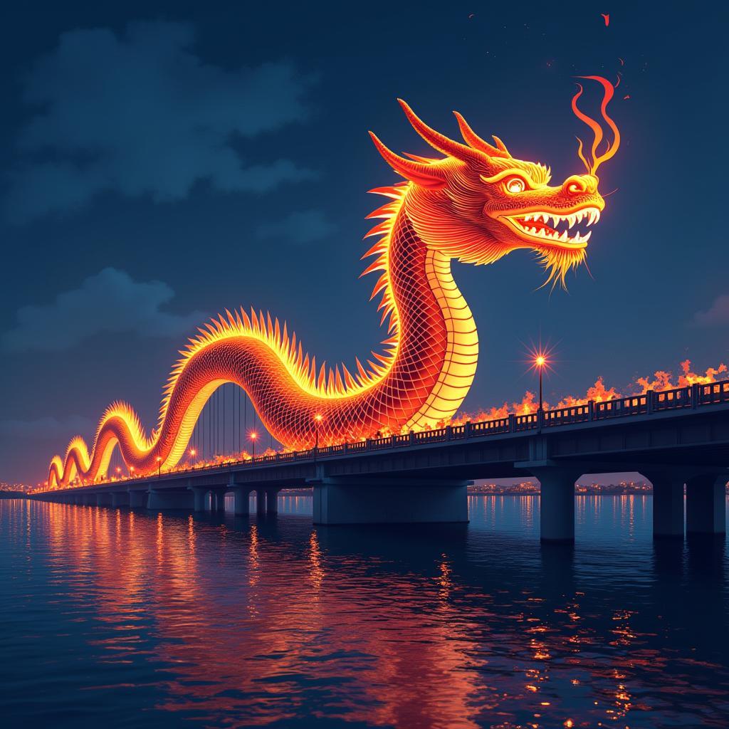 Cầu Rồng Đà Nẵng vector phun lửa vào ban đêm với hiệu ứng ánh sáng rực rỡ