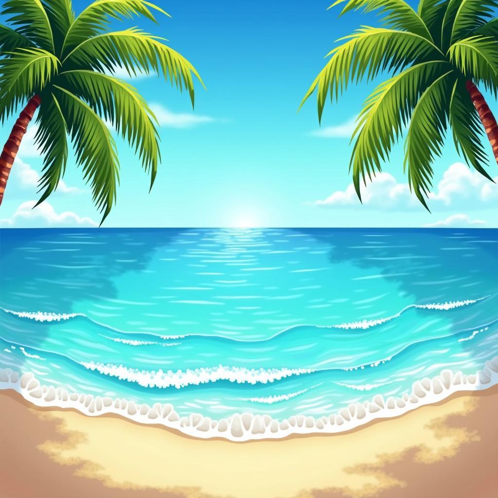 Cây dừa vector minh họa bãi biển xanh mát với sóng biển và bầu trời trong xanh