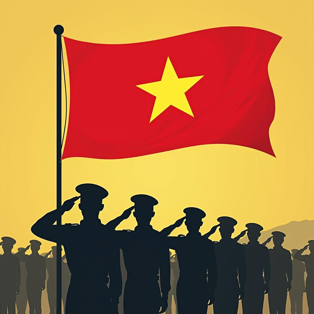 Hình ảnh bộ đội chào cờ Tổ quốc vector trang nghiêm, thể hiện lòng yêu nước