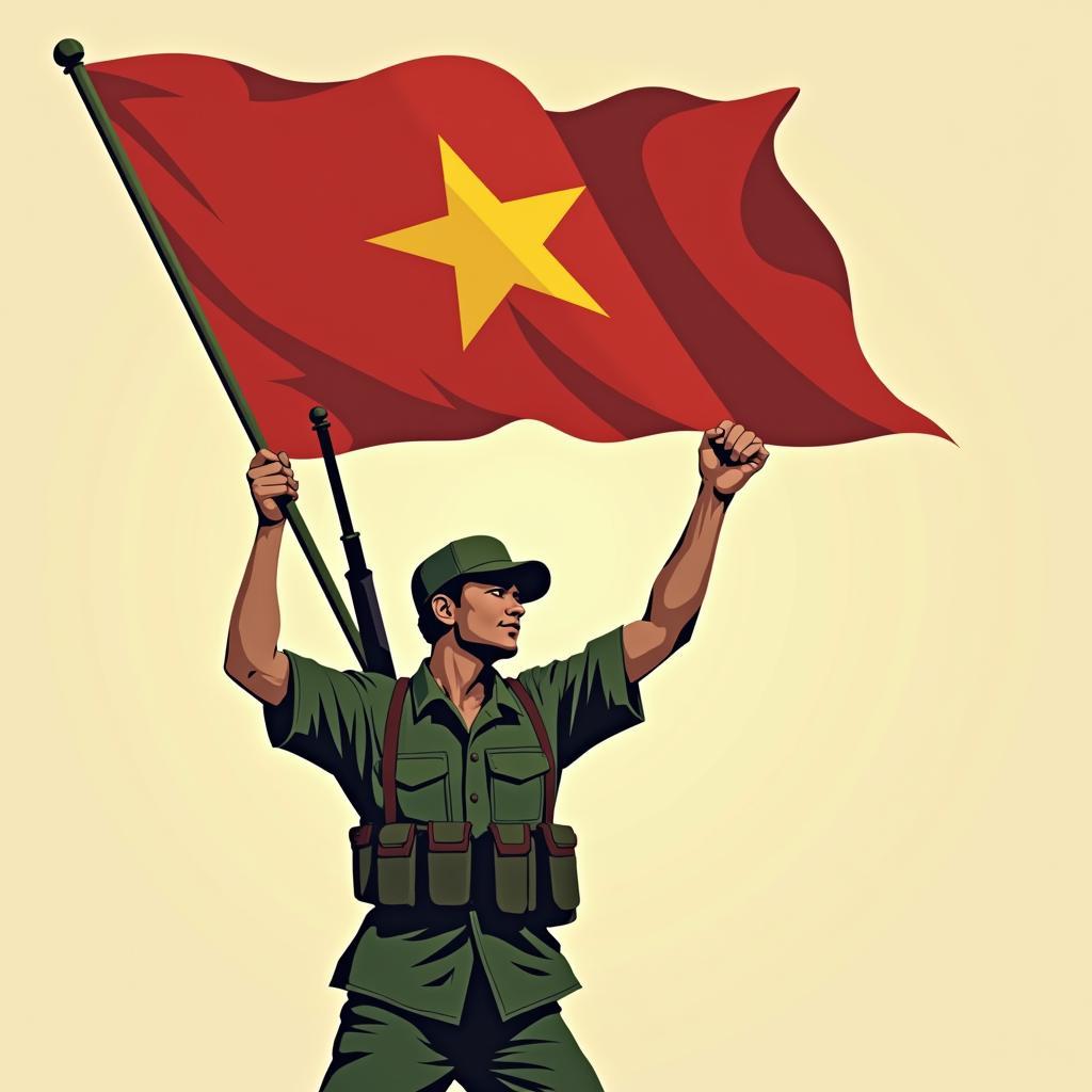 Chiến sĩ giải phóng quân vector vẫy cờ Tổ quốc, thể hiện tinh thần yêu nước và ý chí chiến đấu