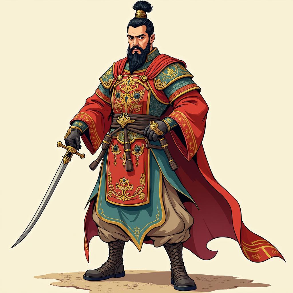 Hình ảnh Vua Hùng vector mặc áo bào uy nghiêm, tay cầm kiếm, khuôn mặt cương nghị