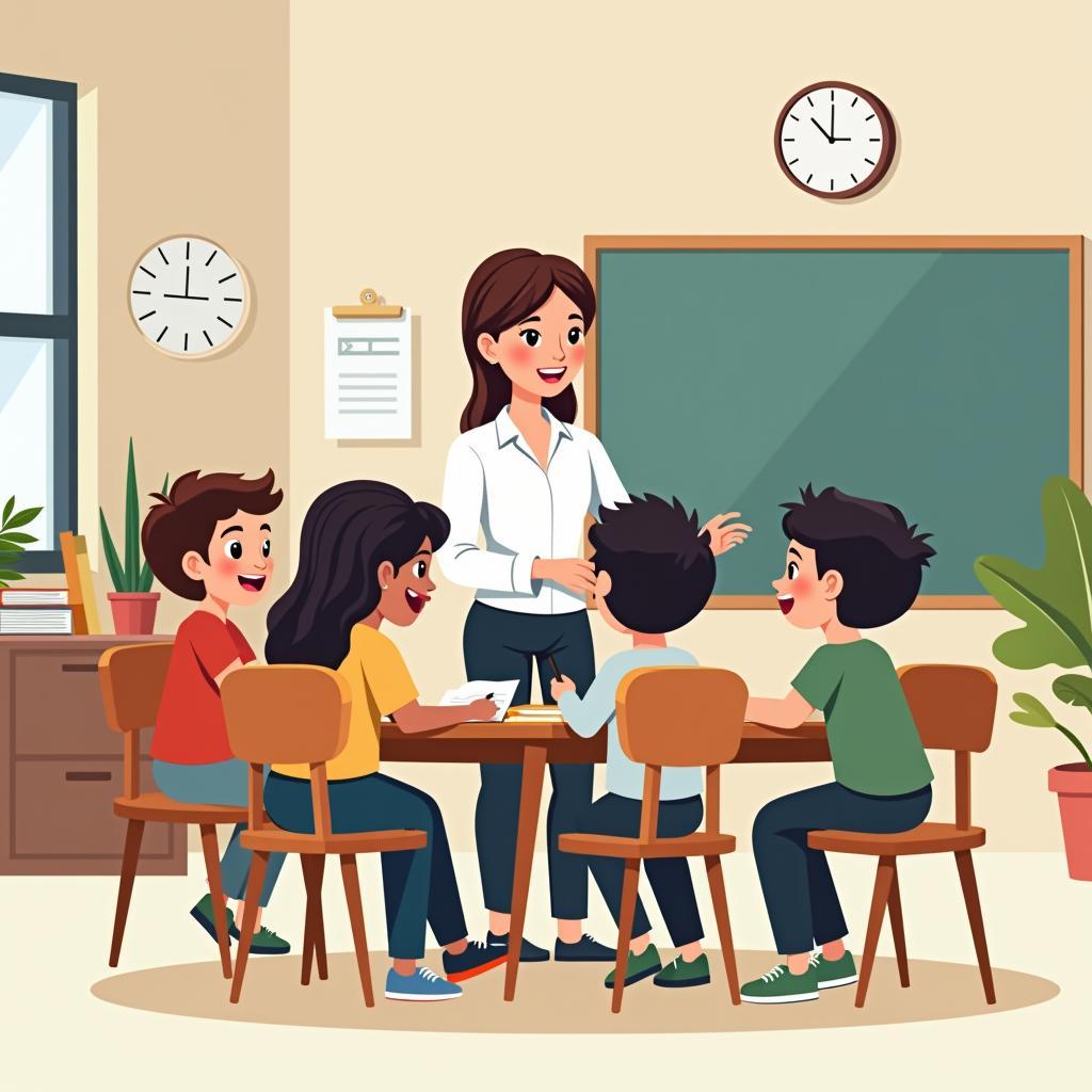 Mầm non vector hình ảnh cô giáo và các học sinh đang học bài trong lớp học