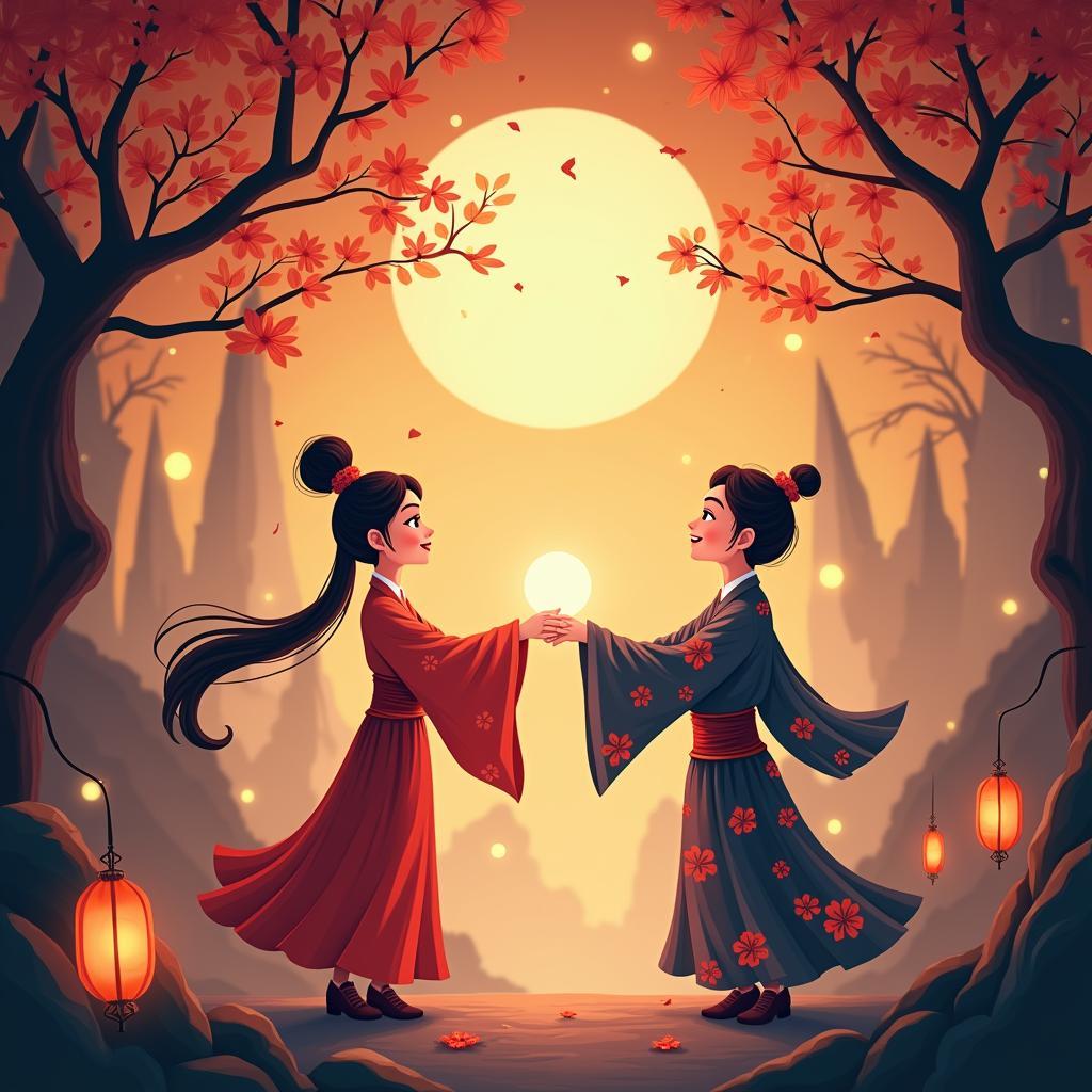 Phông nền trung thu vector chú Cuội và chị Hằng tạo không gian cổ tích huyền ảo