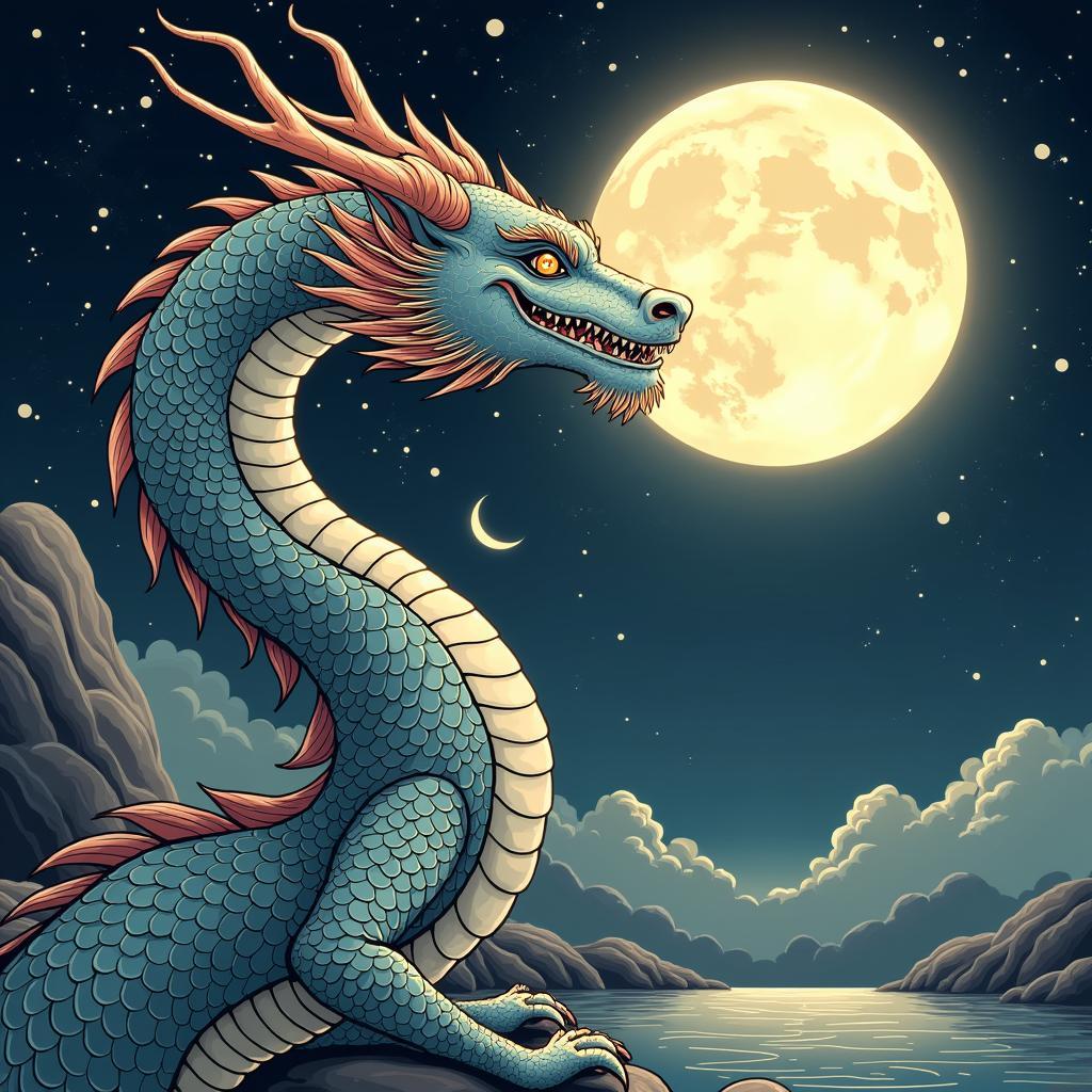 Rồng chầu mặt trăng vector đẹp, chi tiết, uyển chuyển, phong cách Á Đông