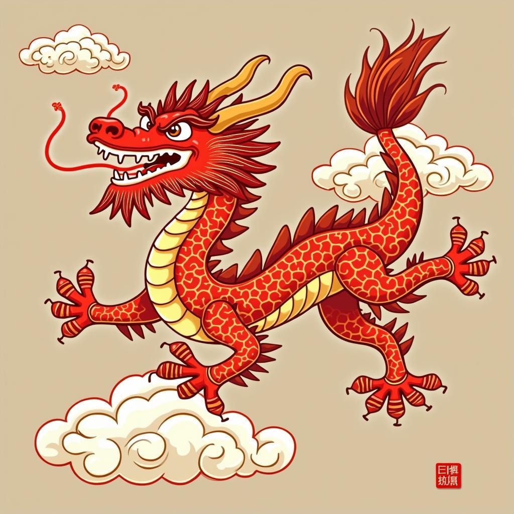 Rồng Trung Hoa vector hoa tiết may mắn đỏ vàng, hình ảnh rồng đang bay lượn giữa những đám mây.